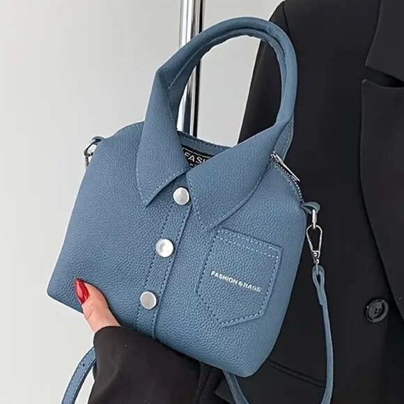 Handbags - Blue Trendy Stylish Shirt-Inspired Handbag or Shoulder Bag w/Adjustable strap